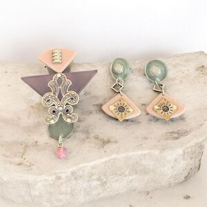 Brooch & Earrings Set - Art Deco Geometric Pastel Modernist Vintage Pastel